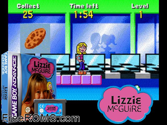 Lizzie Mcguire Gameboy Advance game showing 3D box cover and gameplay screenshot